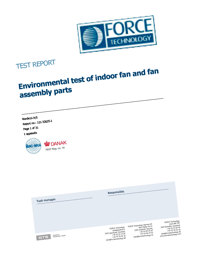 Force Technology Test Report of Northern Air Aggressive Environment ceiling fan