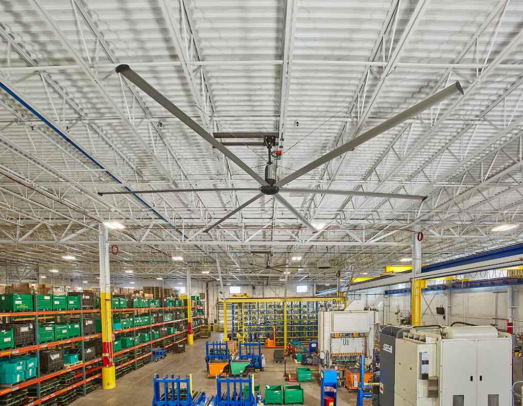 Industrial ceiling fan - large HVLS fan in warehouse setting - by Nordicco in Denmark
